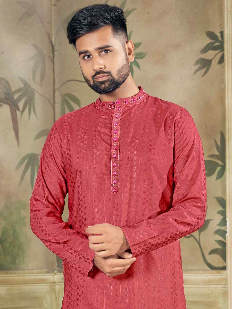 Peach Pure Viscose Embroidered Festival Casual Kurta