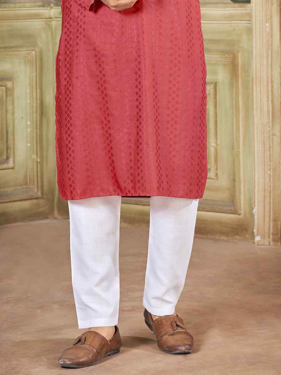 Peach Pure Viscose Embroidered Festival Casual Kurta