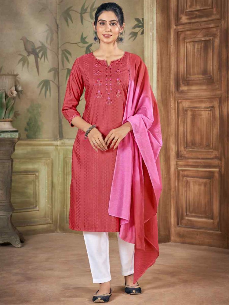 Peach Pure Viscose Embroidered Festival Casual Ready Pant Salwar Kameez