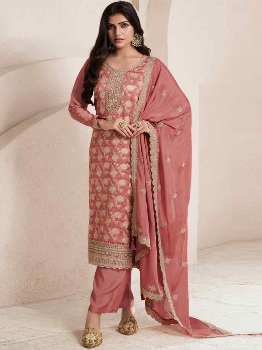 Peach Pure Viscose Jacquard Silk Embroidered Festival Wedding Pant Bollywood Style Salwar Kameez