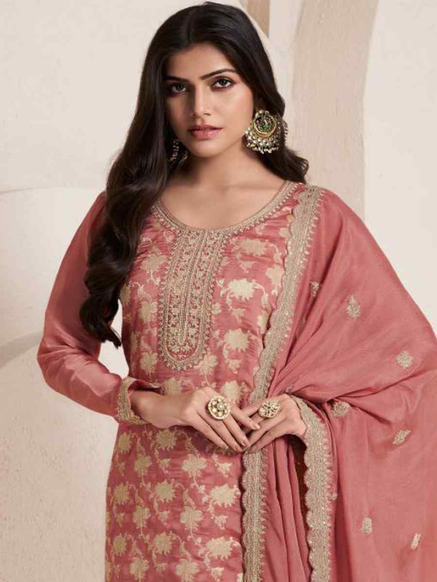 Peach Pure Viscose Jacquard Silk Embroidered Festival Wedding Pant Bollywood Style Salwar Kameez