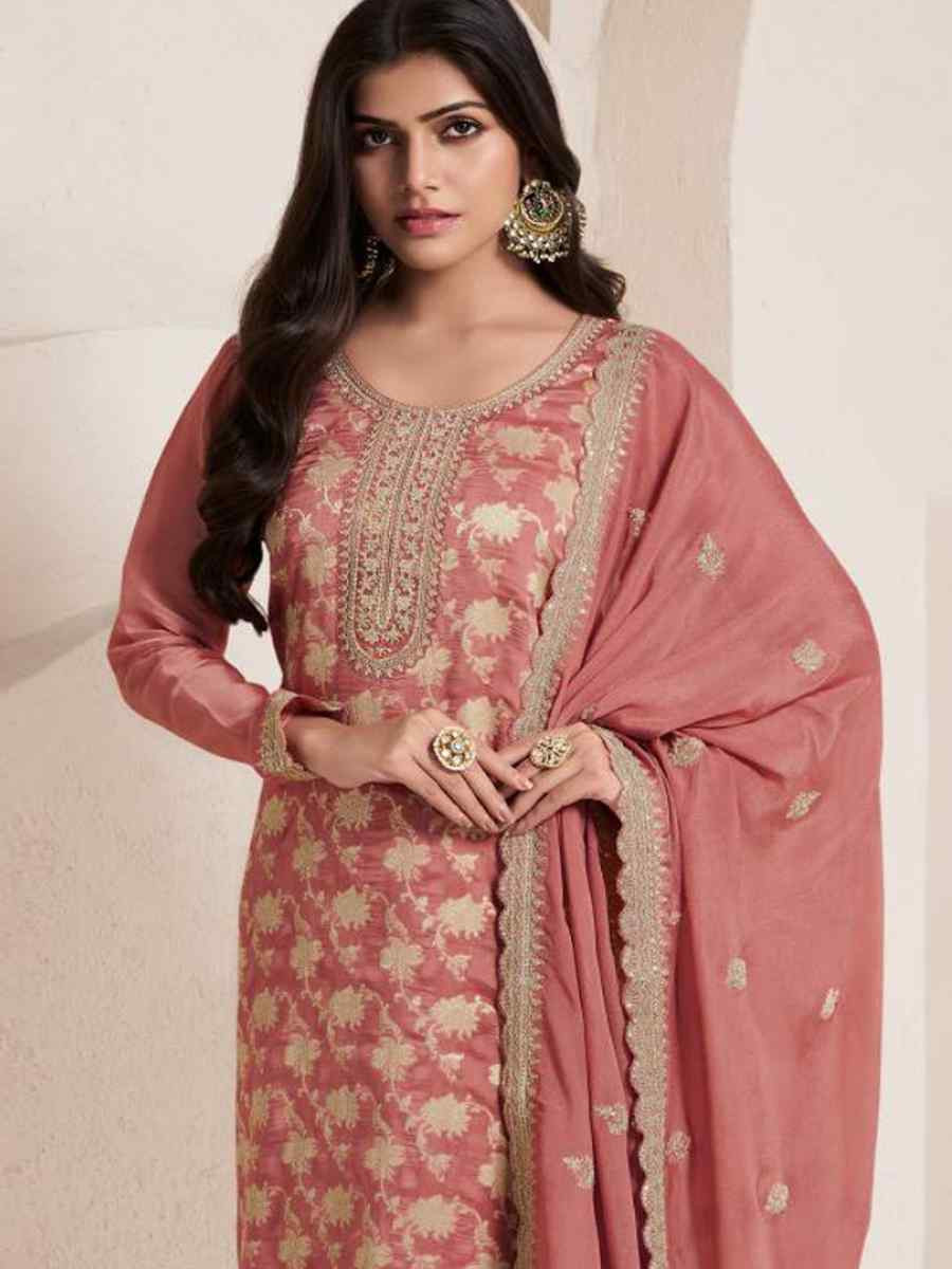 Peach Pure Viscose Jacquard Silk Embroidered Festival Wedding Pant Bollywood Style Salwar Kameez