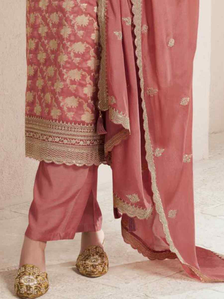 Peach Pure Viscose Jacquard Silk Embroidered Festival Wedding Pant Bollywood Style Salwar Kameez