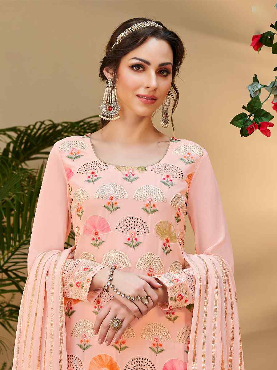 Peach Pure Visvos Bemberg Georgette Embroidered Festival Wedding Palazzo Pant Salwar Kameez