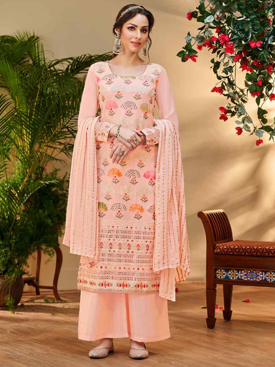 Peach Pure Visvos Bemberg Georgette Embroidered Festival Wedding Palazzo Pant Salwar Kameez