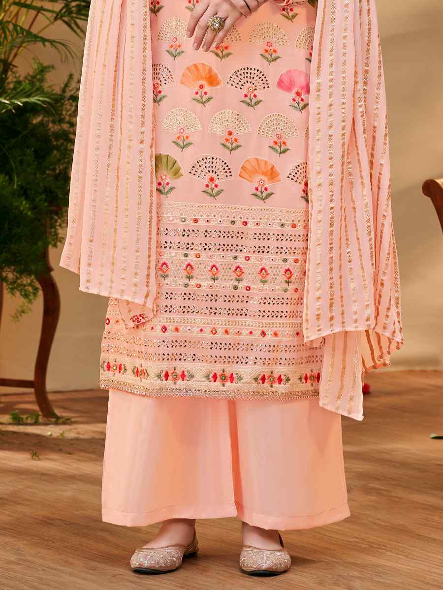 Peach Pure Visvos Bemberg Georgette Embroidered Festival Wedding Palazzo Pant Salwar Kameez