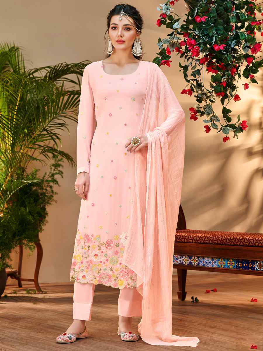 Peach Pure Visvos Bemberg Georgette Embroidered Festival Wedding Pant Salwar Kameez