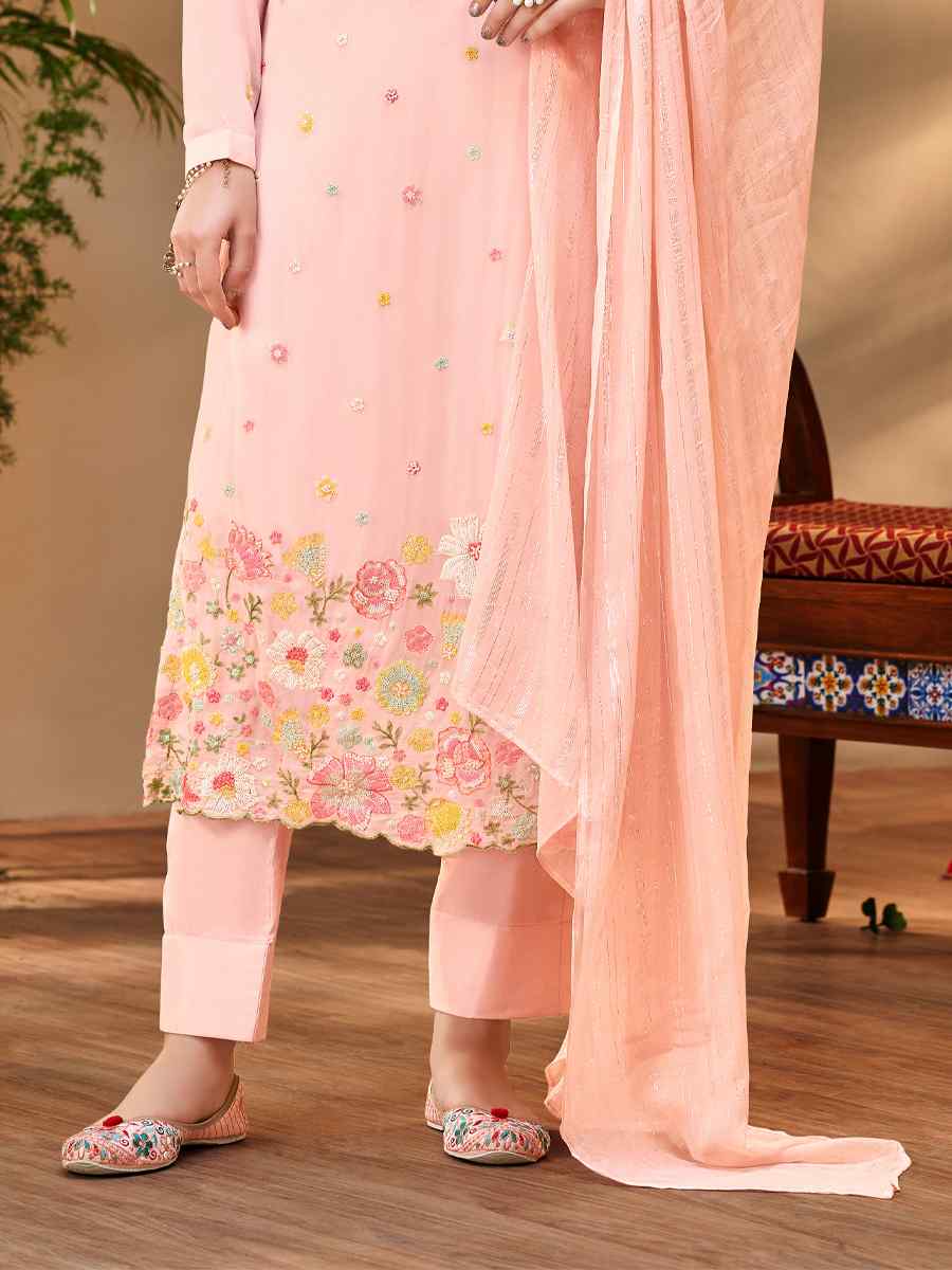 Peach Pure Visvos Bemberg Georgette Embroidered Festival Wedding Pant Salwar Kameez