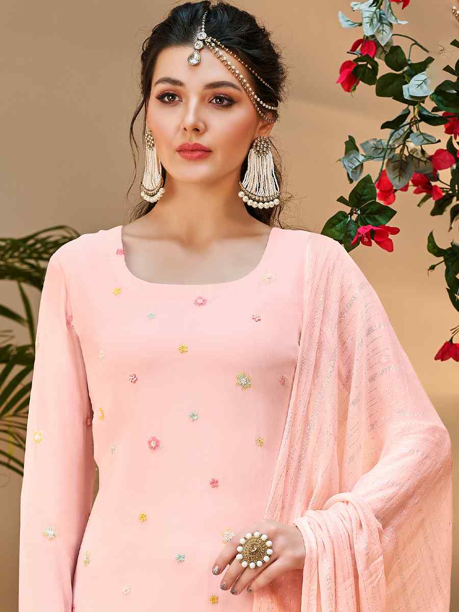 Peach Pure Visvos Bemberg Georgette Embroidered Festival Wedding Pant Salwar Kameez