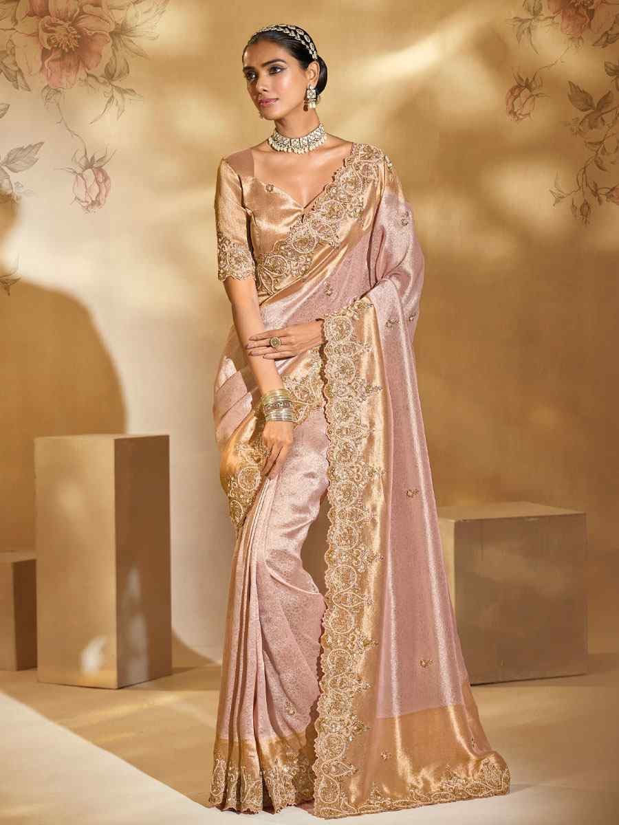 Peach Pure Ziraf Silk Embroidery Traditional Bridal Reception Festival Wedding Fancy Heavy Border Saree