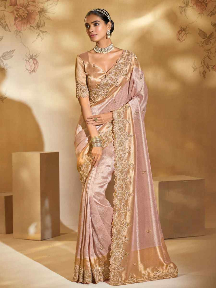 Image of Peach Pure Ziraf Silk Embroidery Traditional Bridal Reception Festival Wedding Fancy Heavy Border Saree