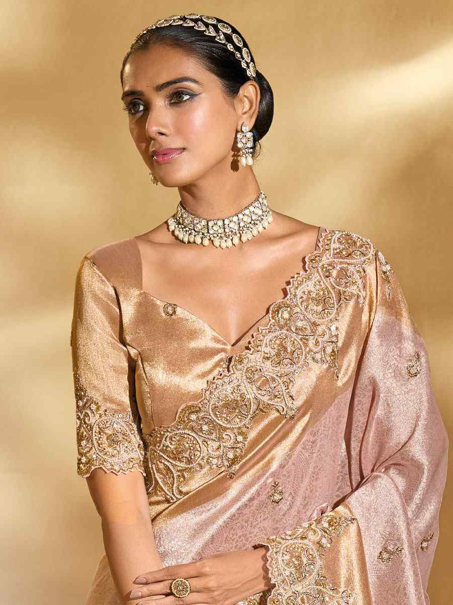 Peach Pure Ziraf Silk Embroidery Traditional Bridal Reception Festival Wedding Fancy Heavy Border Saree