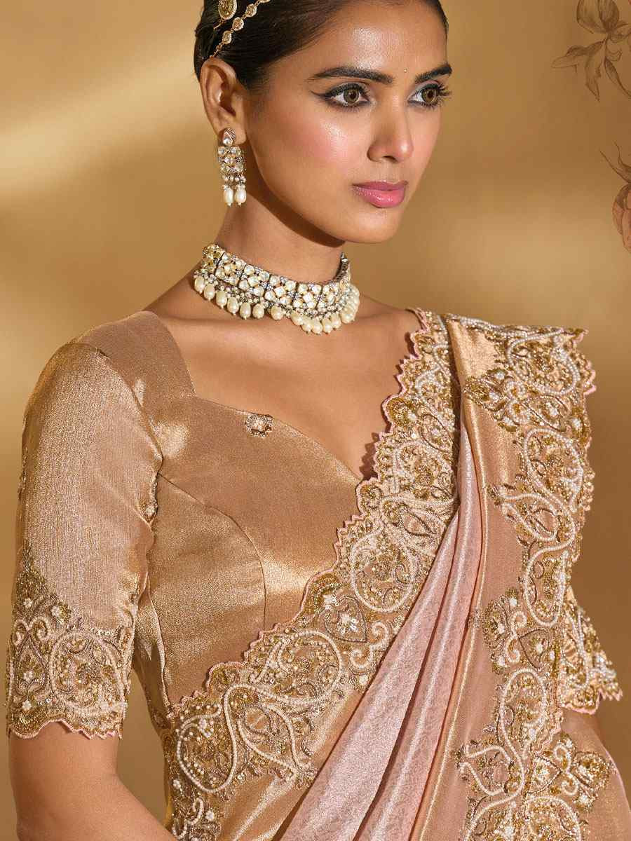 Peach Pure Ziraf Silk Embroidery Traditional Bridal Reception Festival Wedding Fancy Heavy Border Saree