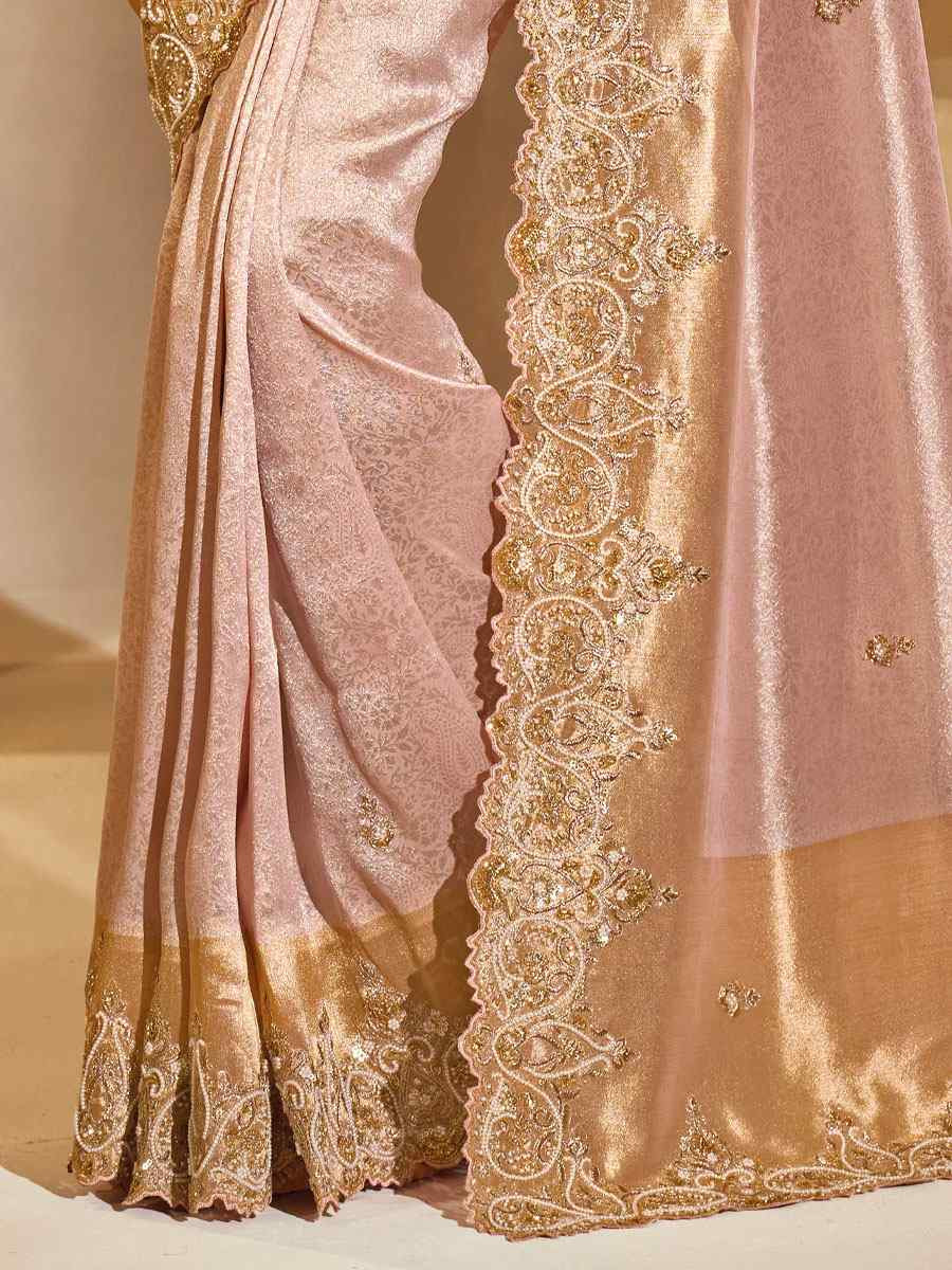 Peach Pure Ziraf Silk Embroidery Traditional Bridal Reception Festival Wedding Fancy Heavy Border Saree