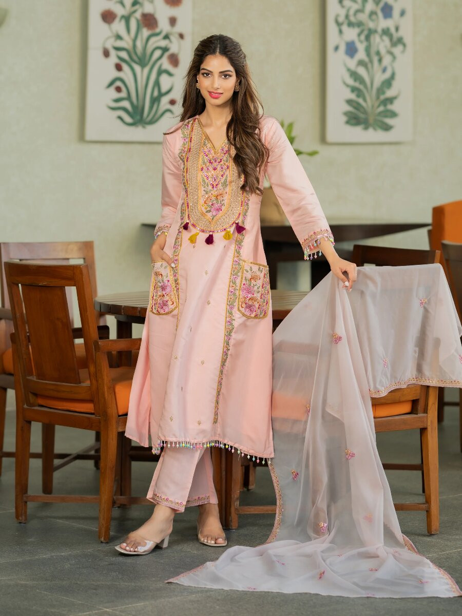 Peach PV Chanderi Embroidery Sequins Beads Work Wedding Party Festival Casual Ready Palazzo Pant Salwar Kameez