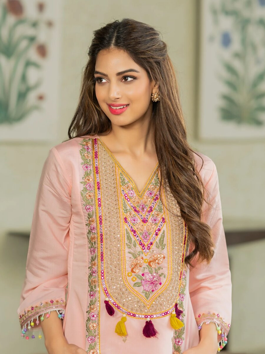 Peach PV Chanderi Embroidery Sequins Beads Work Wedding Party Festival Casual Ready Palazzo Pant Salwar Kameez