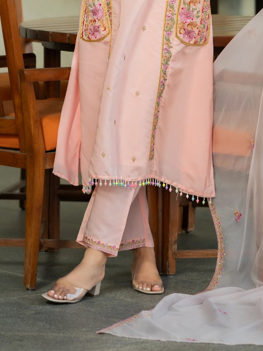 Peach PV Chanderi Embroidery Sequins Beads Work Wedding Party Festival Casual Ready Palazzo Pant Salwar Kameez