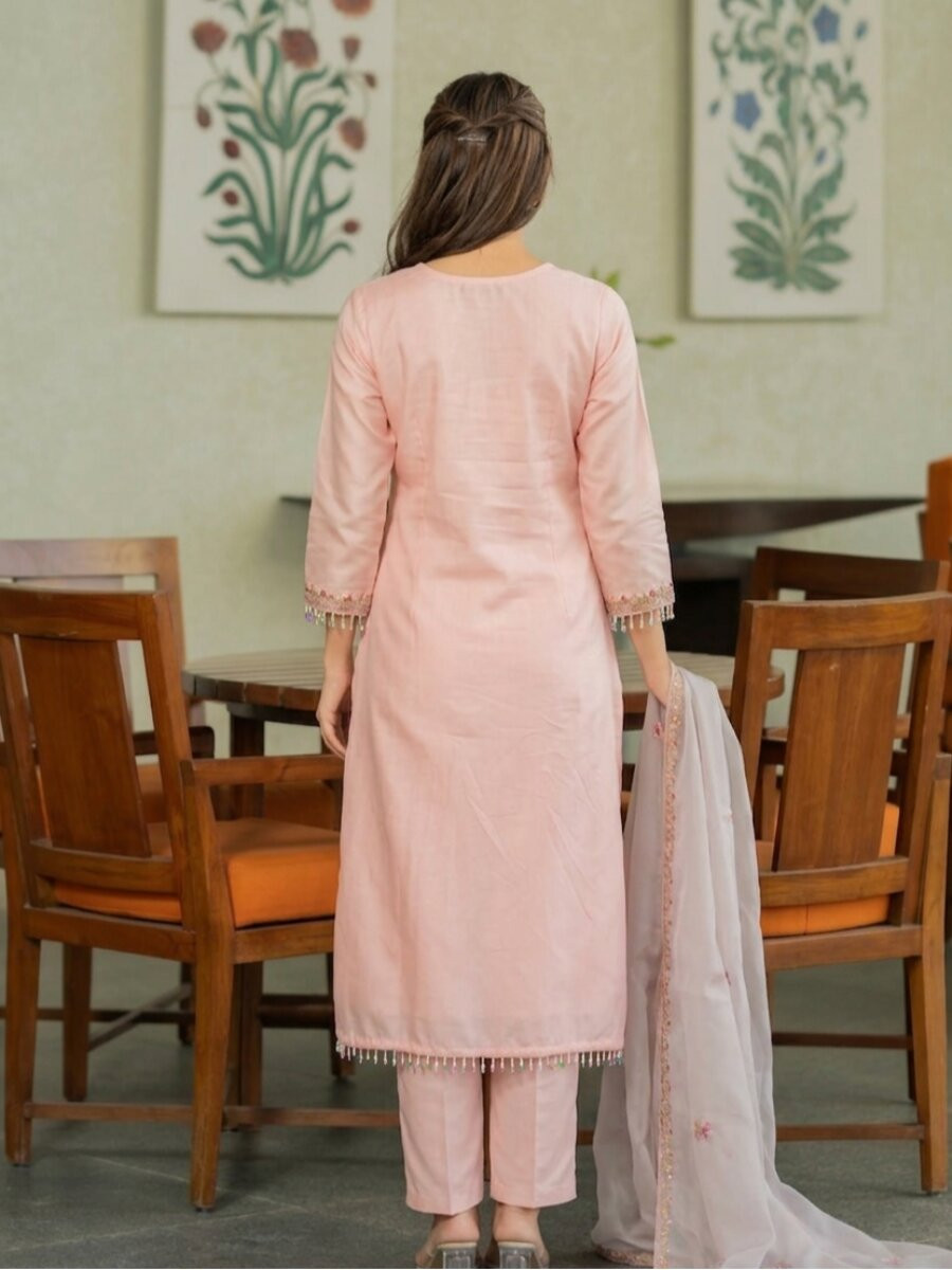 Peach PV Chanderi Embroidery Sequins Beads Work Wedding Party Festival Casual Ready Palazzo Pant Salwar Kameez