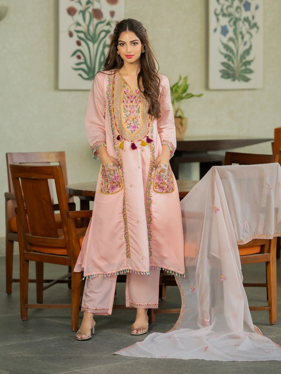 Peach PV Chanderi Embroidery Sequins Beads Work Wedding Party Festival Casual Ready Palazzo Pant Salwar Kameez