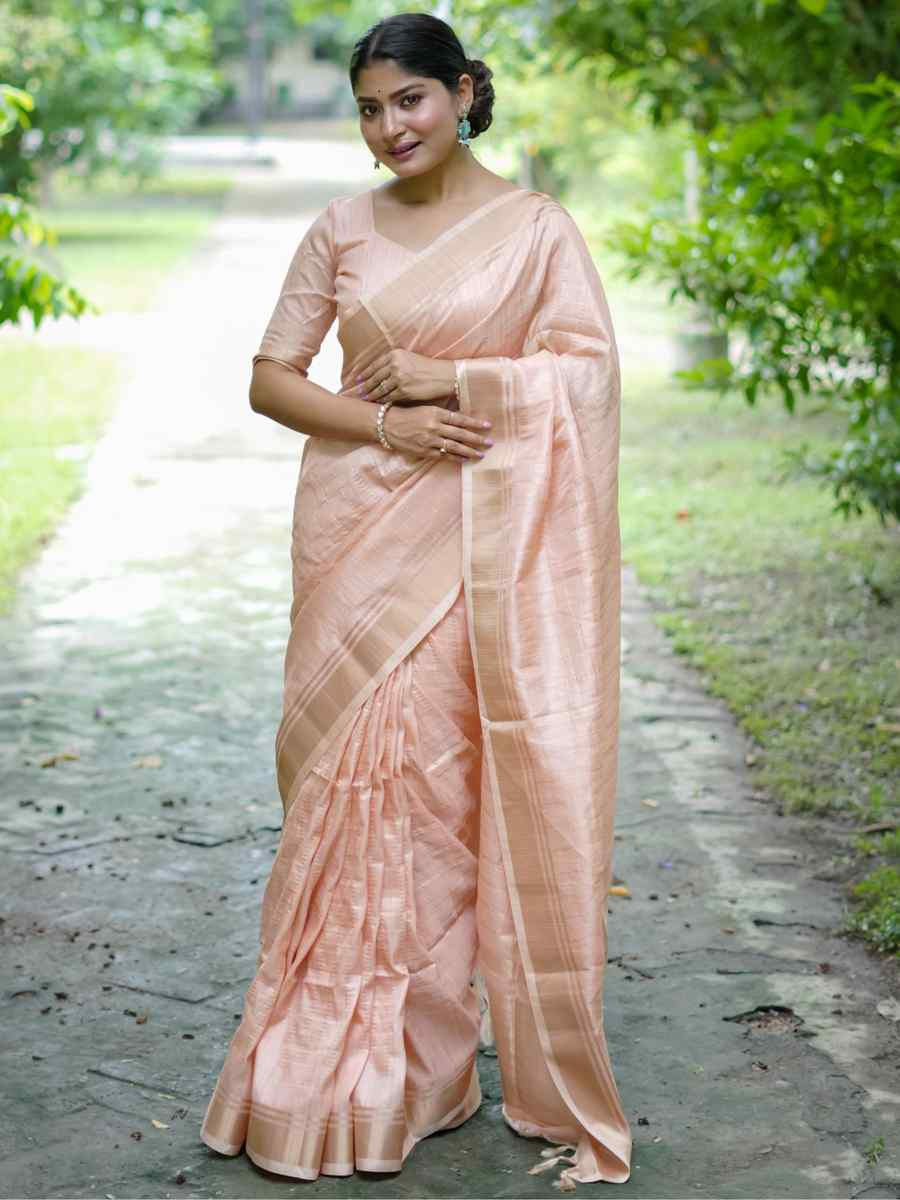 Peach Raw Silk Handwoven Festival Wedding Heavy Border Saree