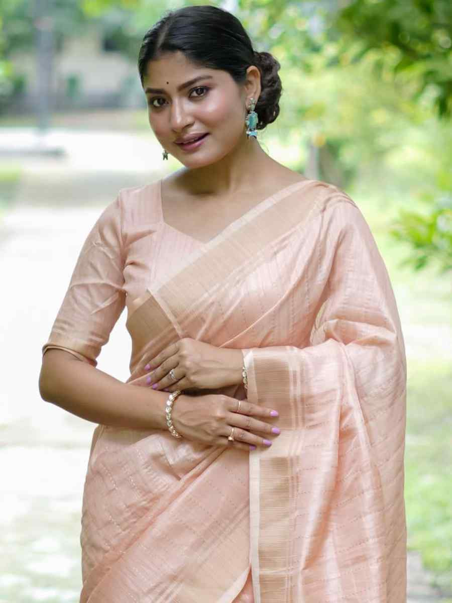 Peach Raw Silk Handwoven Festival Wedding Heavy Border Saree