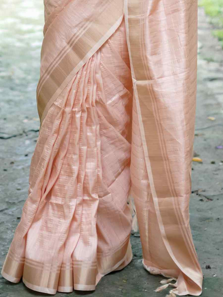 Peach Raw Silk Handwoven Festival Wedding Heavy Border Saree