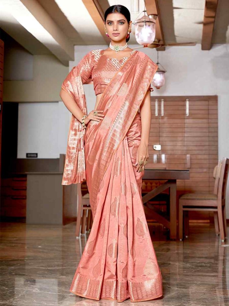 Peach Raw Silk Handwoven Party Festival Heavy Border Saree