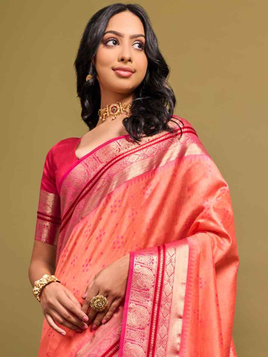 Peach Raw Silk Handwoven Wedding Festival Heavy Border Saree