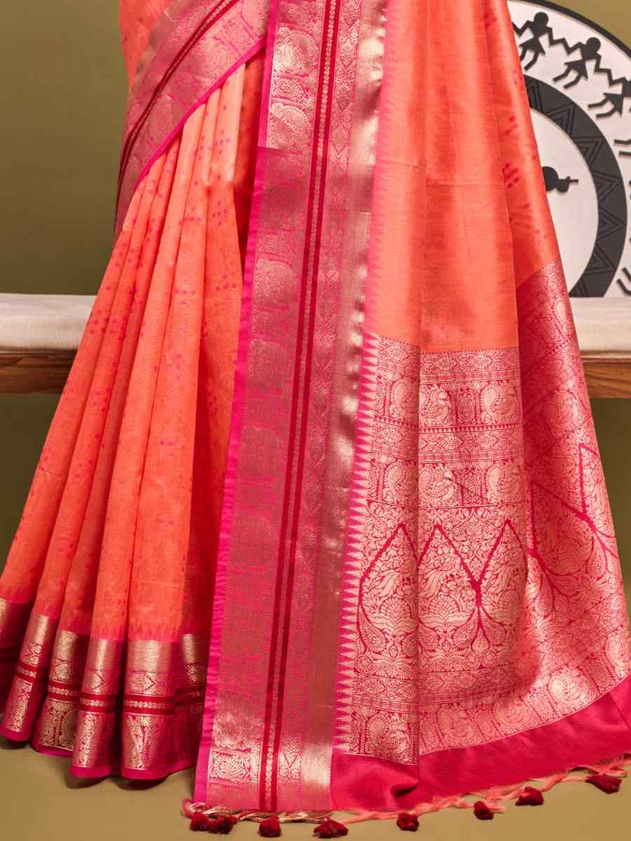 Peach Raw Silk Handwoven Wedding Festival Heavy Border Saree