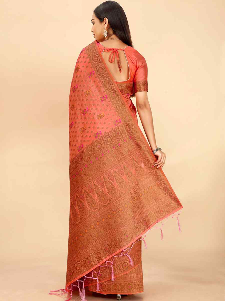 Peach Raw Silk Handwoven Wedding Festival Heavy Border Saree