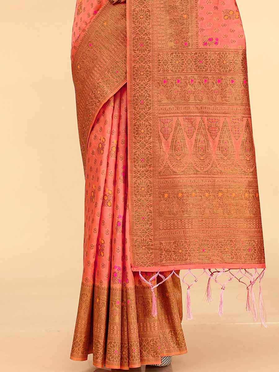 Peach Raw Silk Handwoven Wedding Festival Heavy Border Saree