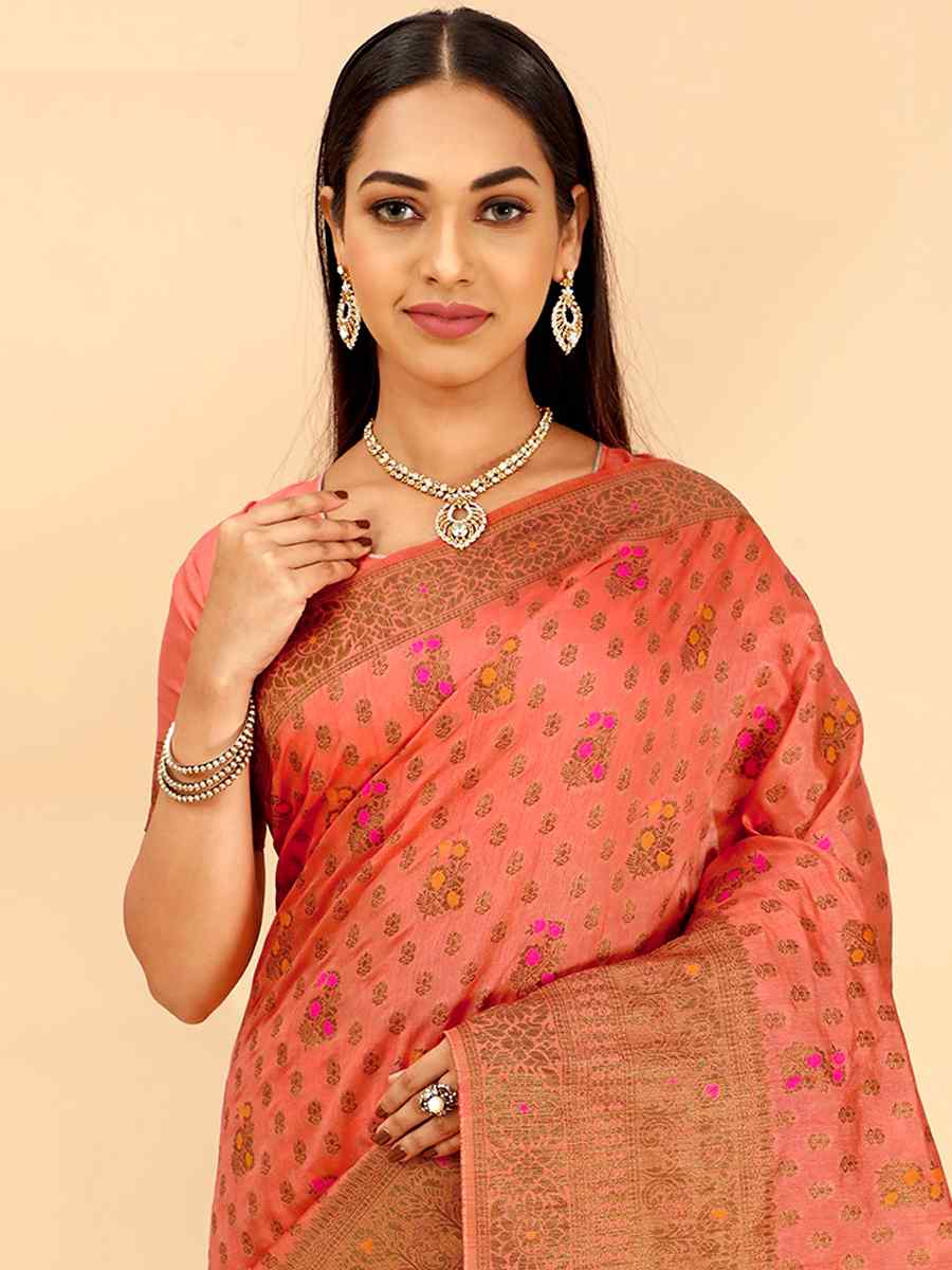 Peach Raw Silk Handwoven Wedding Festival Heavy Border Saree