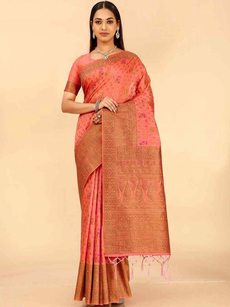 Peach Raw Silk Handwoven Wedding Festival Heavy Border Saree