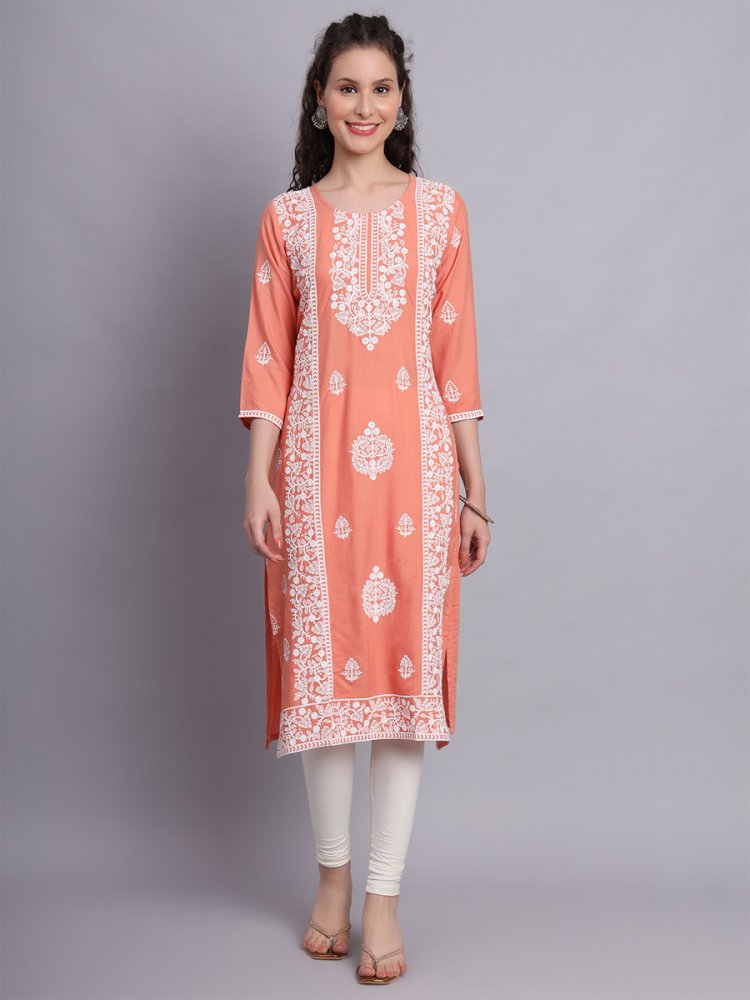 Peach Rayon Embroidered Festival Casual Kurti