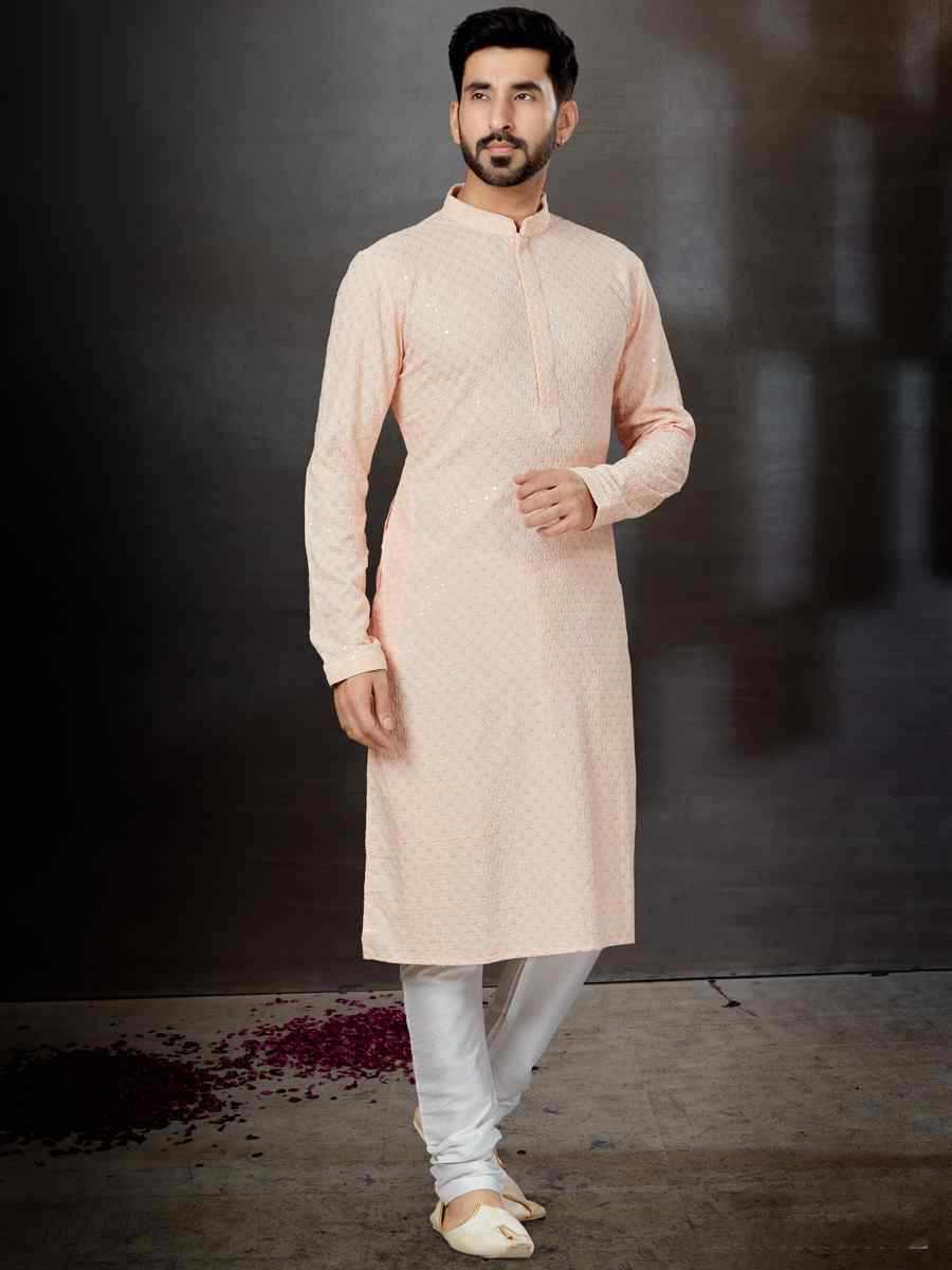 Peach Rayon Lucknowi Woven Festival Wedding Kurta