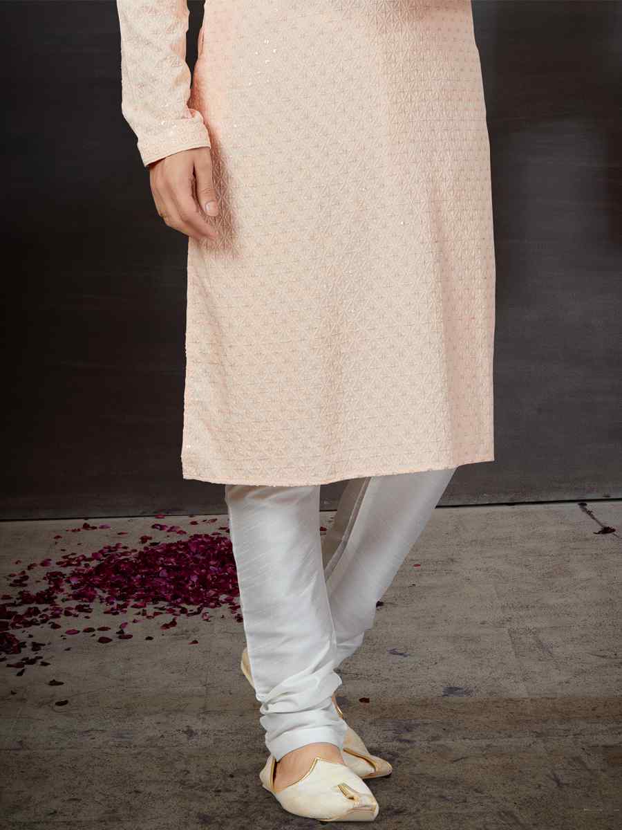 Peach Rayon Lucknowi Woven Festival Wedding Kurta