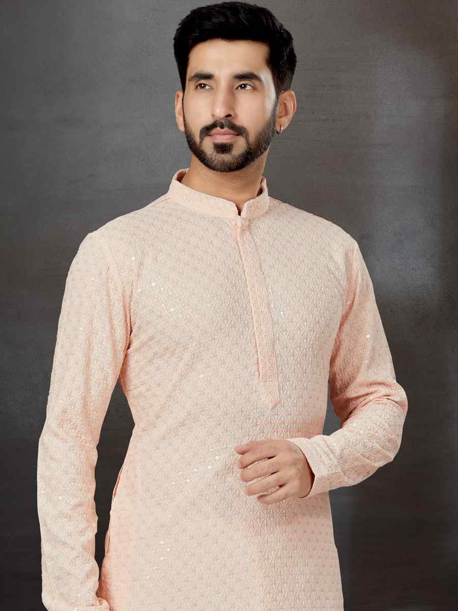 Peach Rayon Lucknowi Woven Festival Wedding Kurta