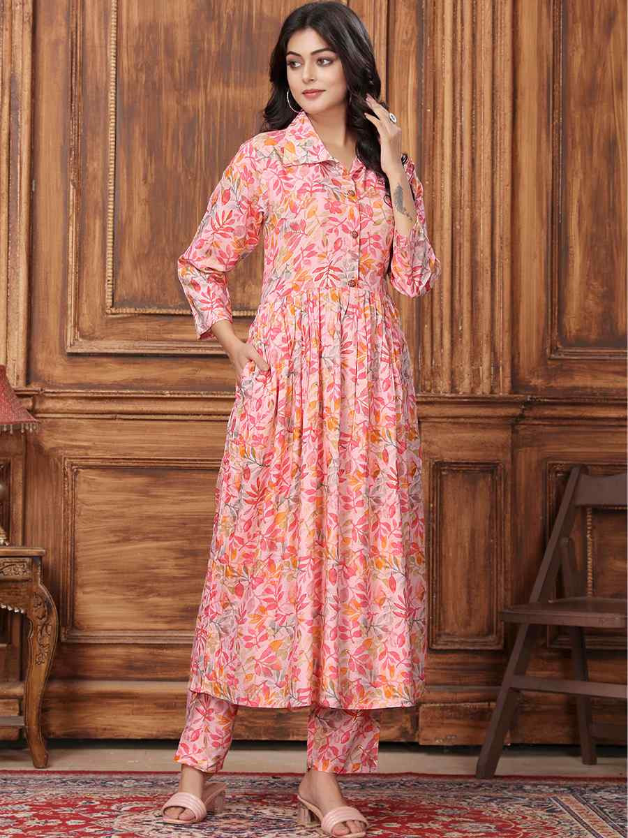 Peach Rayon Printed Festival Casual Kurti