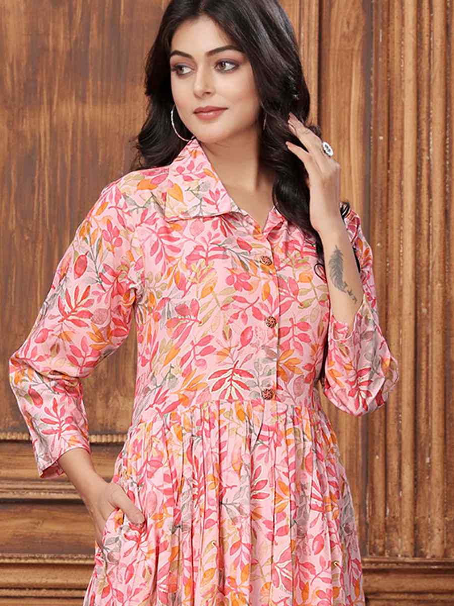 Peach Rayon Printed Festival Casual Kurti