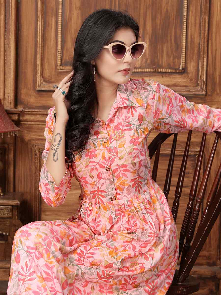 Peach Rayon Printed Festival Casual Kurti