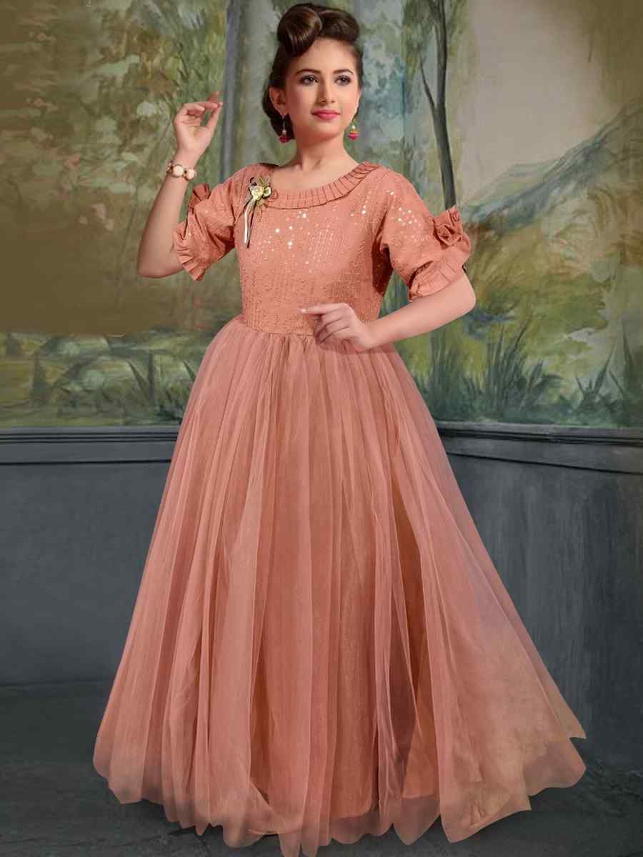 Peach Rayon Soft Net Embroidered Party Wedding Salwars Girls Wear