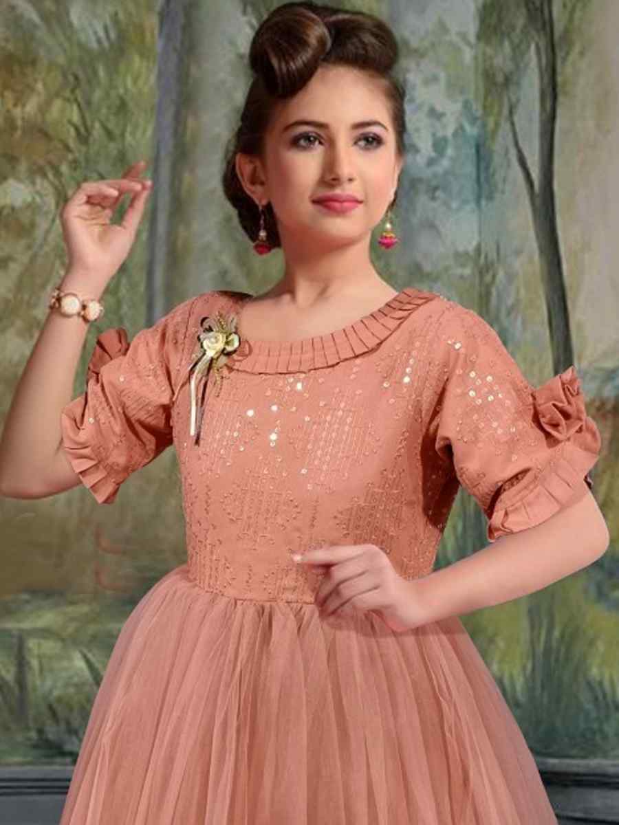 Peach Rayon Soft Net Embroidered Party Wedding Salwars Girls Wear