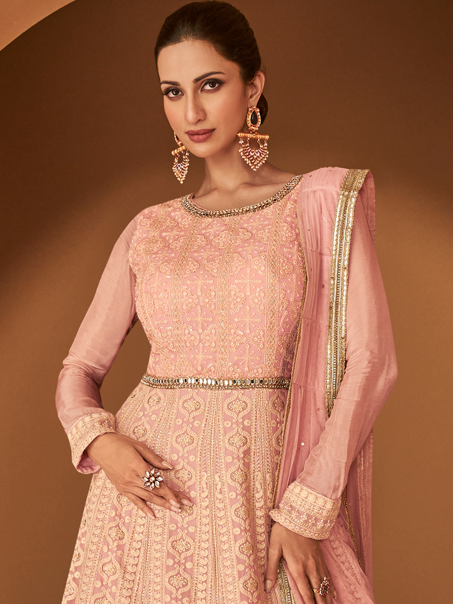 Peach Real Georgette Embroidered Festival Wedding Anarkali Salwar Kameez