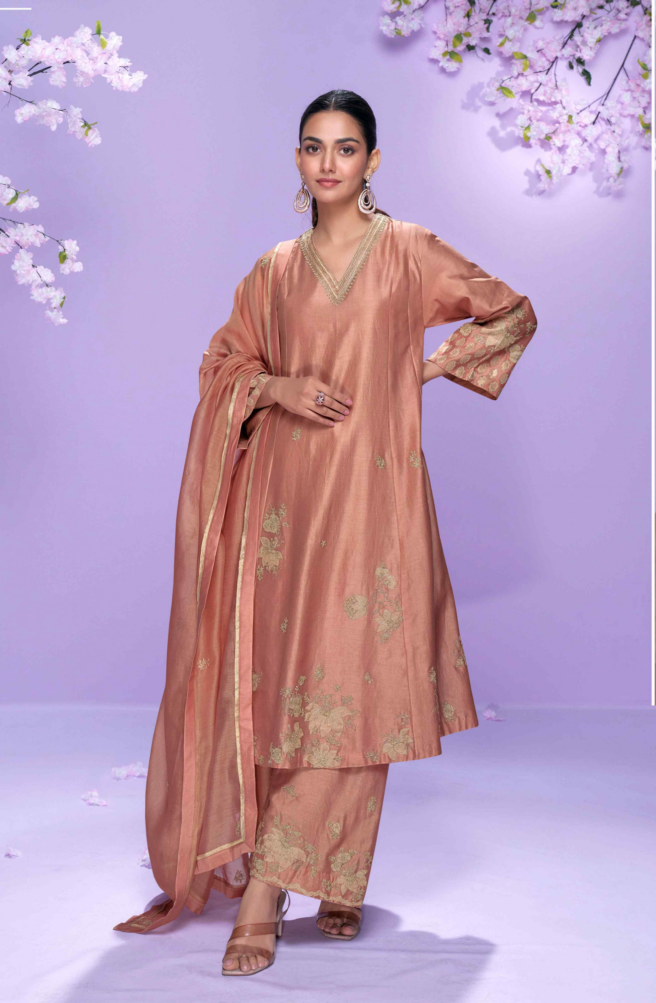 Peach Real Premium Roman Silk Embroidery Party Wedding Festival Casual Ready Palazzo Pant Salwar Kameez