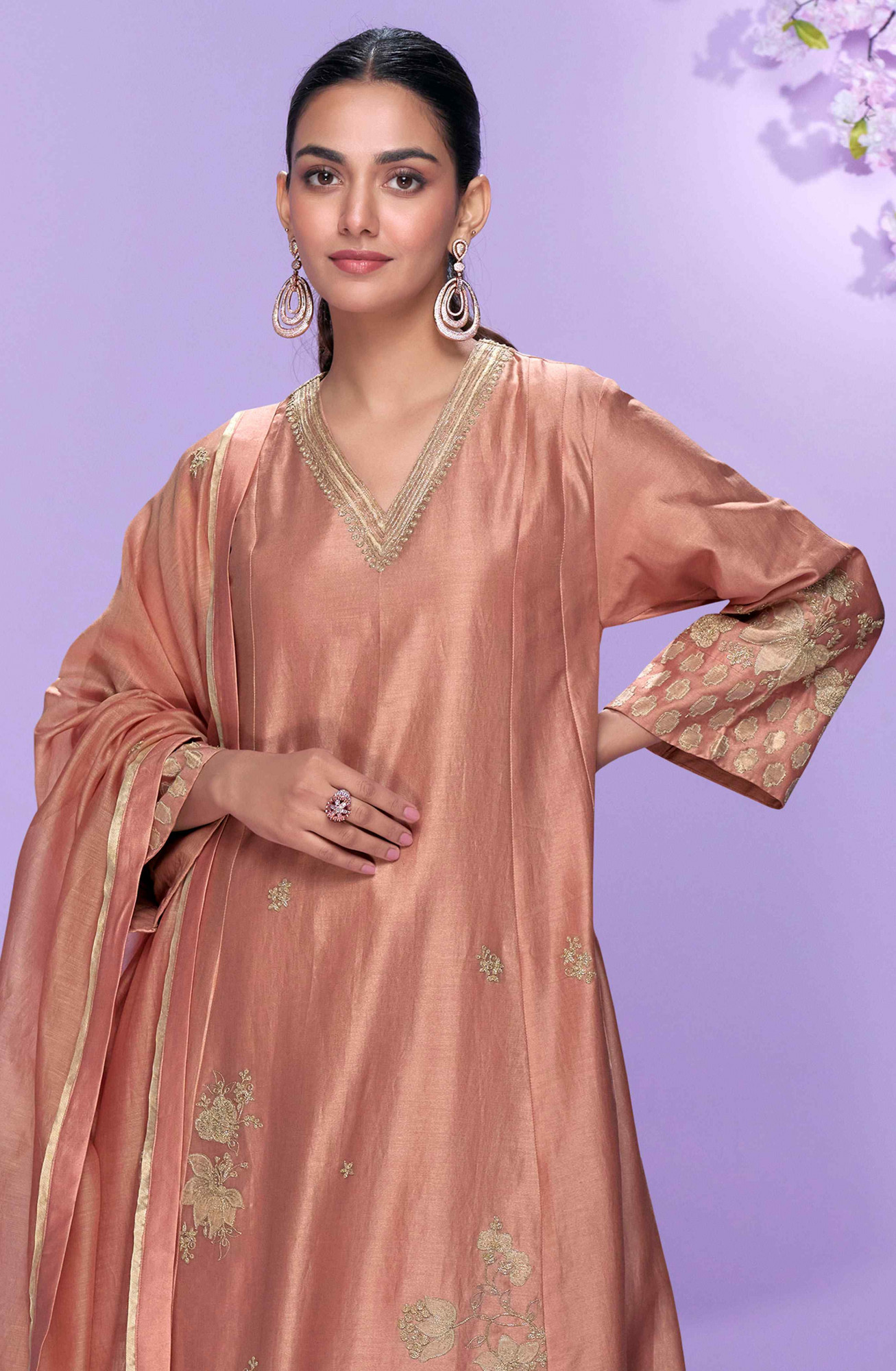 Peach Real Premium Roman Silk Embroidery Party Wedding Festival Casual Ready Palazzo Pant Salwar Kameez