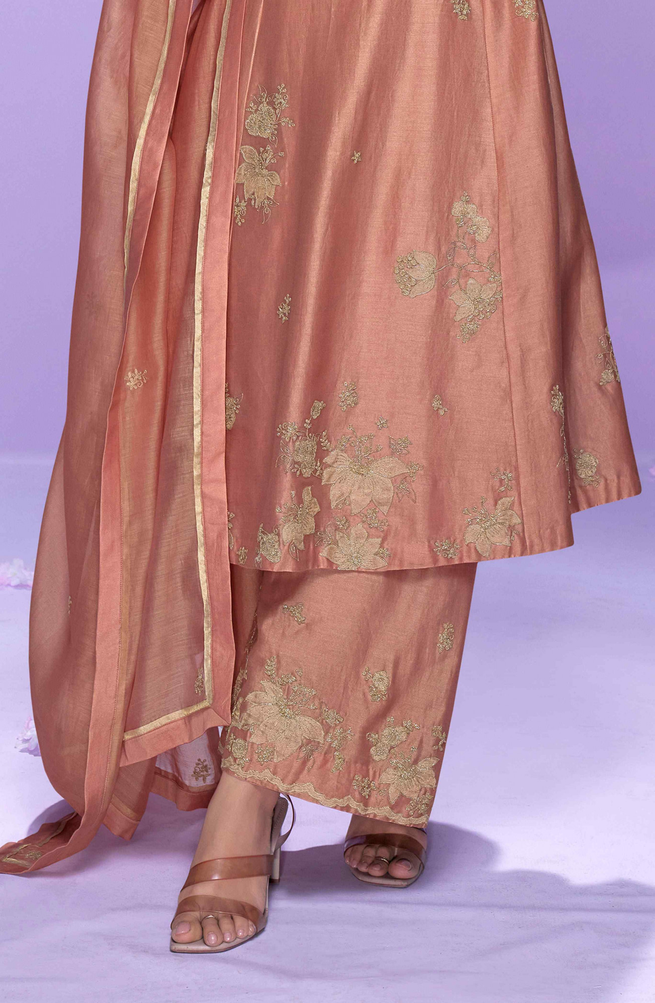 Peach Real Premium Roman Silk Embroidery Party Wedding Festival Casual Ready Palazzo Pant Salwar Kameez