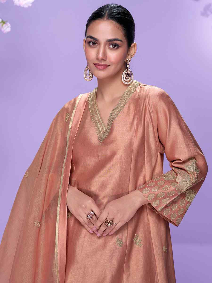 Peach Real Premium Roman Silk Embroidery Party Wedding Festival Casual Ready Palazzo Pant Salwar Kameez