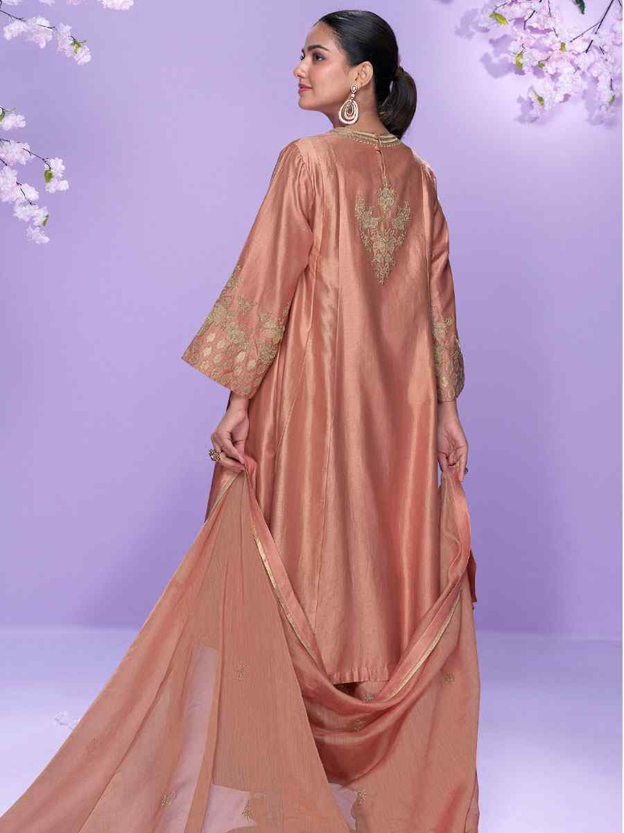 Peach Real Premium Roman Silk Embroidery Party Wedding Festival Casual Ready Palazzo Pant Salwar Kameez