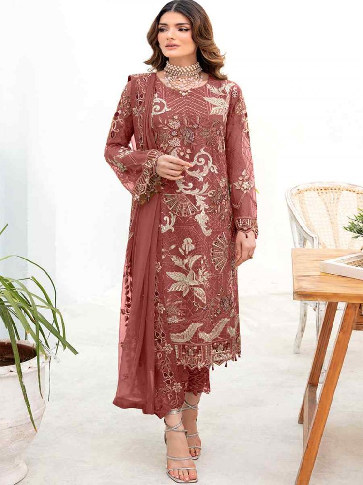 Peach Red Georgette Embroidered Festival Casual Pant Salwar Kameez
