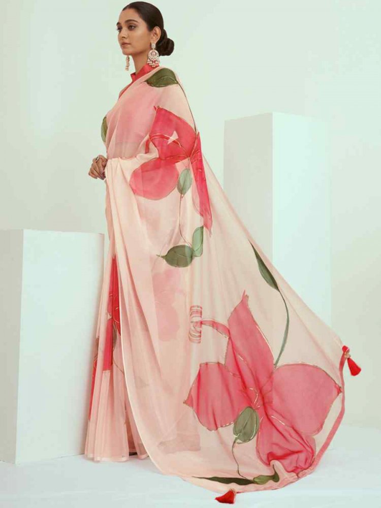 Peach Red Georgette Printed Casual Festival Contemporary Saree